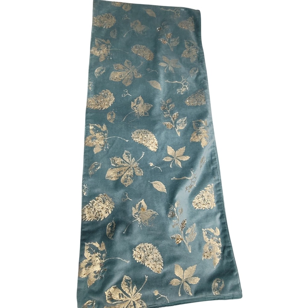Blue Velvet Table Runner Gold Foil Beaded Leaf Pinecone 78 Inch Fall Decor